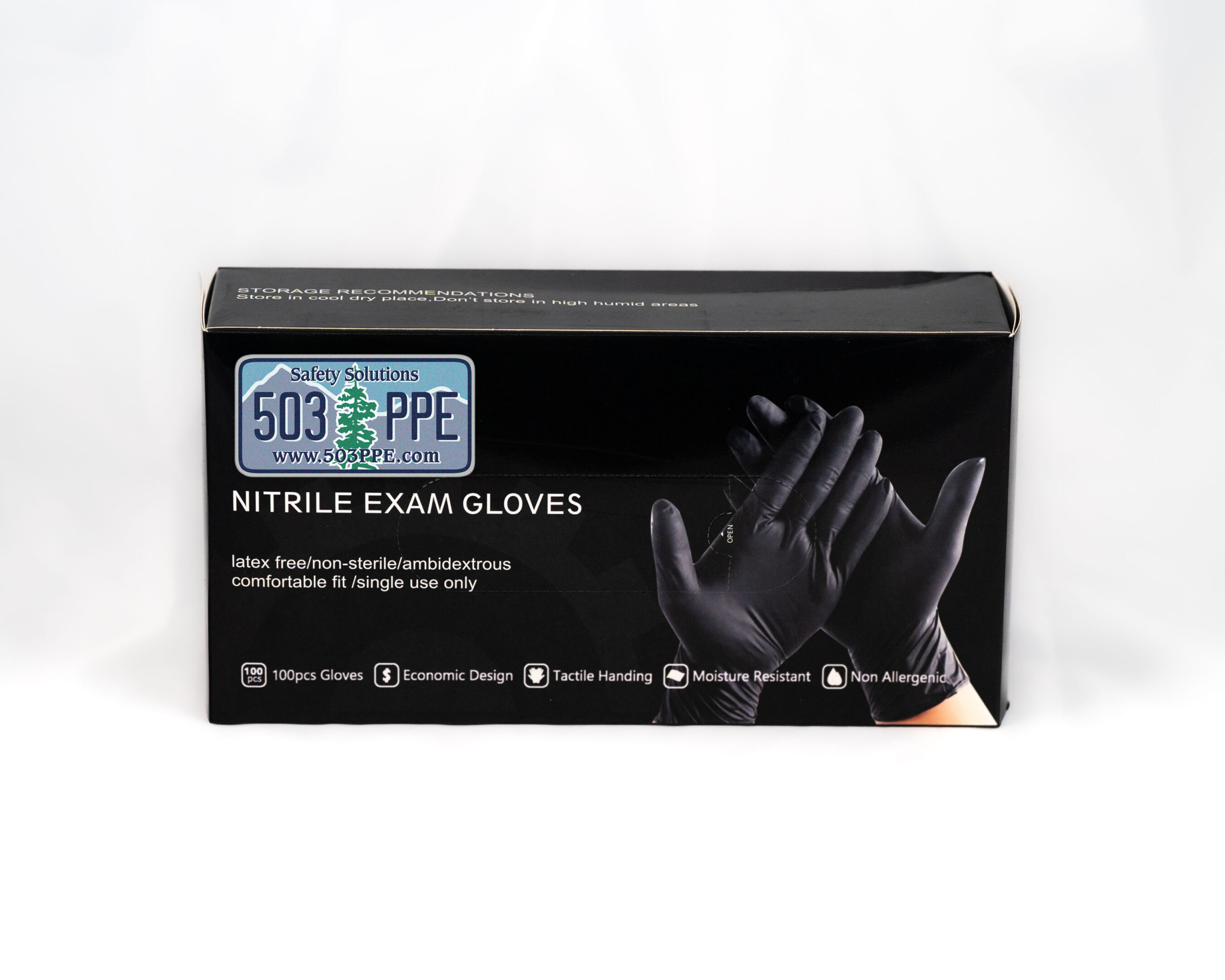 503 PPE 3 mil Powder Free Nitrile Gloves box against a white background