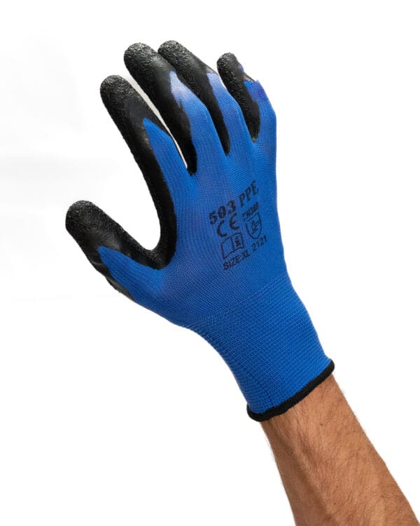 someone wearing 503 PPE General Purpose Textured Latex Coated Glove against a white background