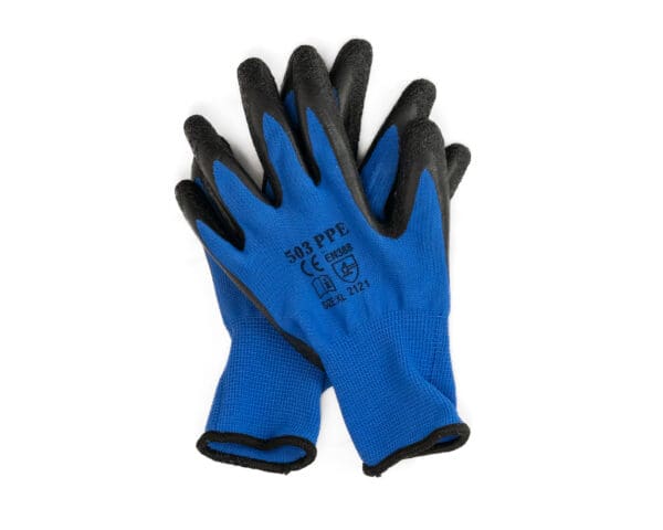 a pair of blue 503 PPE General Purpose Textured Latex Coated Gloves stacked on a white background