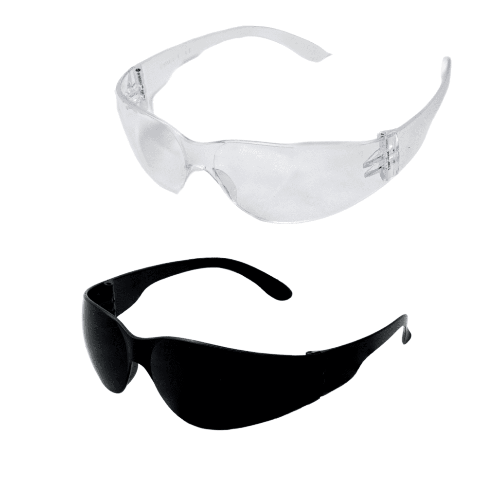 503 PPE's CL-005 Safety Glasses both clear and tinted against a white backgrounds