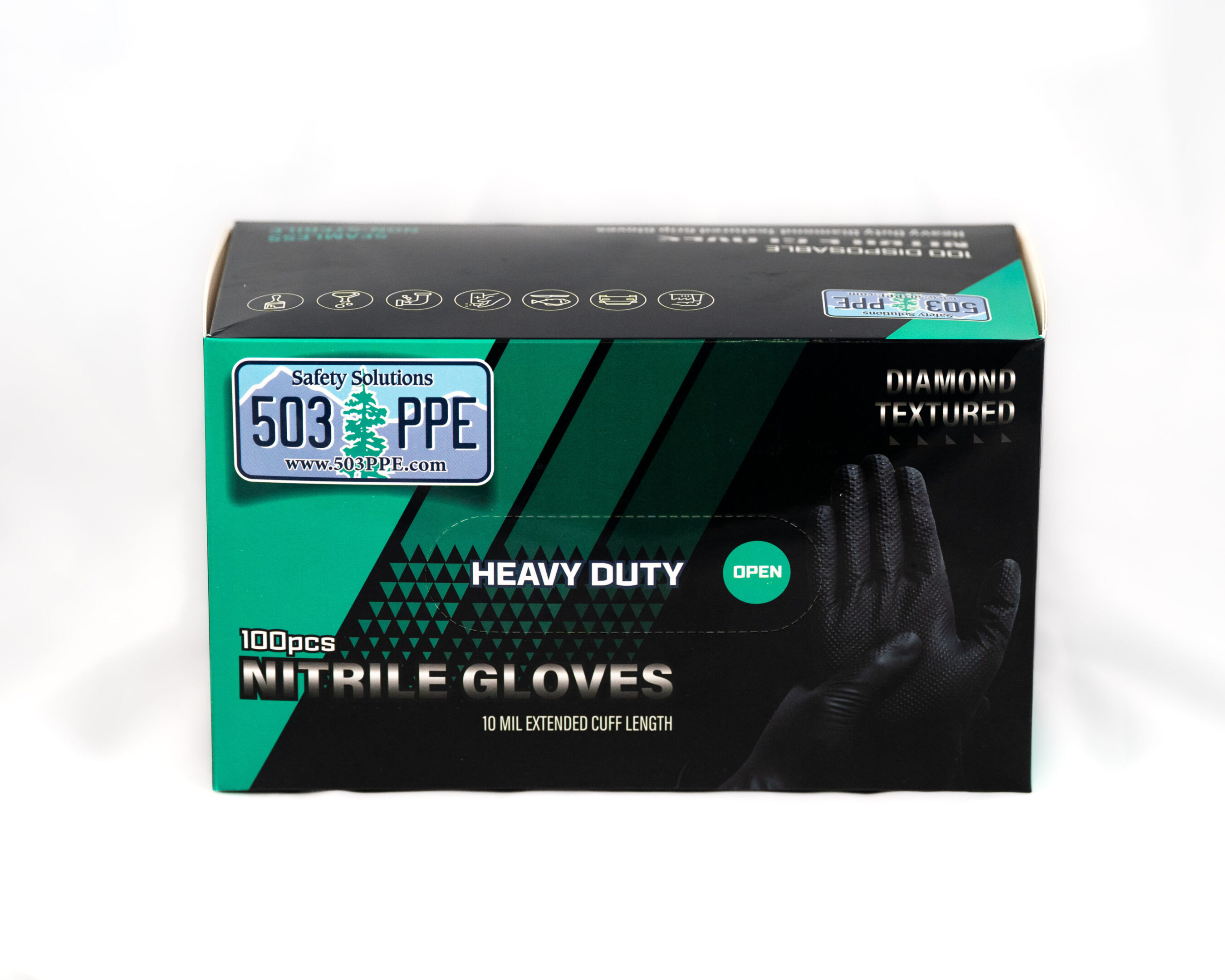 10 mil Pure Nitrile Gloves with Extended Cuff box of 100 count with white background